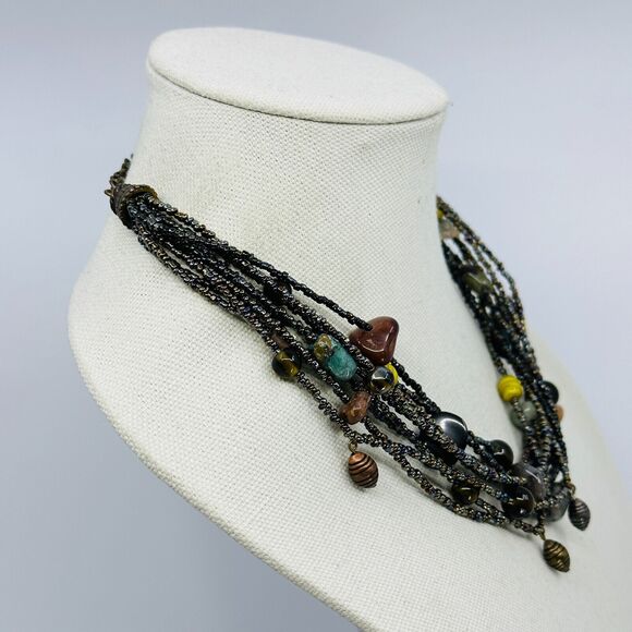 Chicos Necklace Gray Black Layered Multi Strand Fringe Charm Beaded Jewelry - Picture 3 of 8